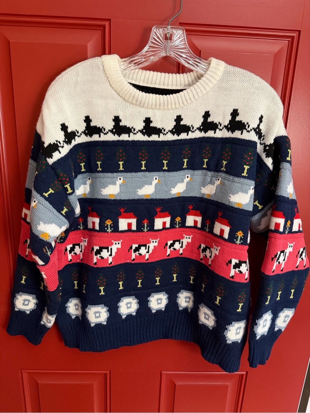 Vintage Cottagecore Farmyard Pattern Crewneck Sweater - Navy, Red, Cream